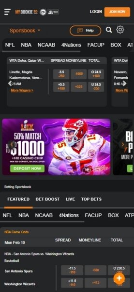 MyBookie Sportsbook homepage displaying NFL match odds and a College Football promotion banner.