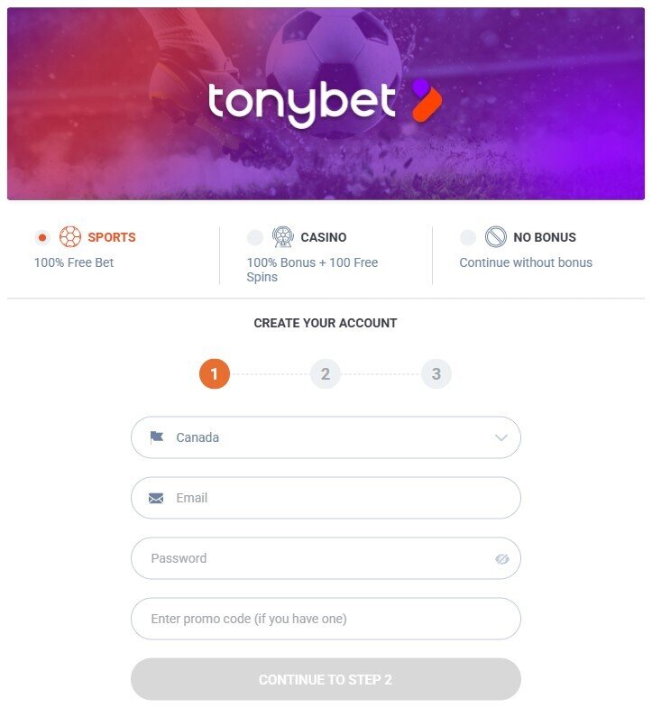 TonyBet Registration