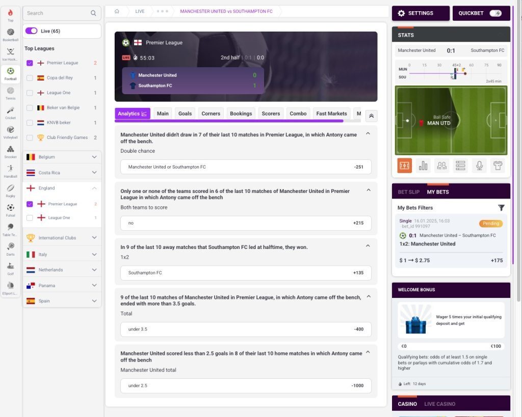 Live betting soccer at TonyBet with in-game analytics. 