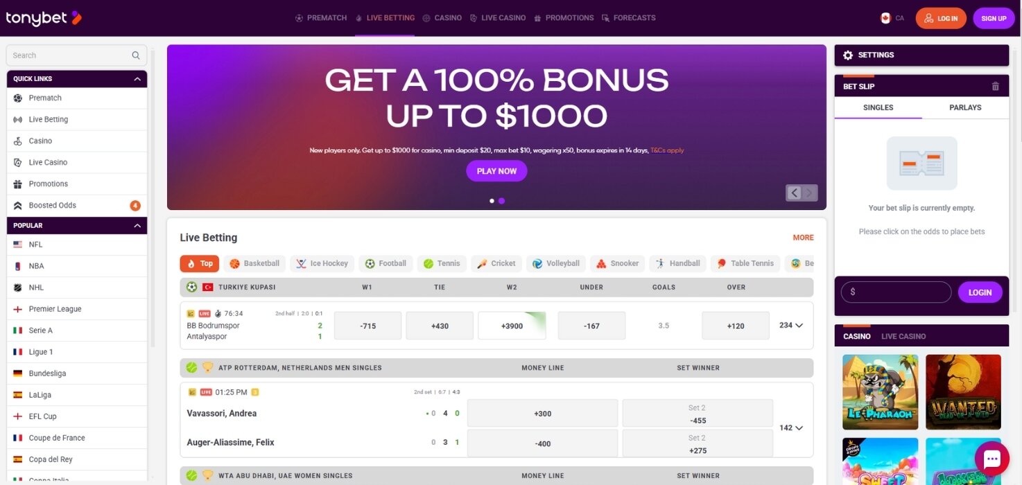 TonyBet Casino homepage.