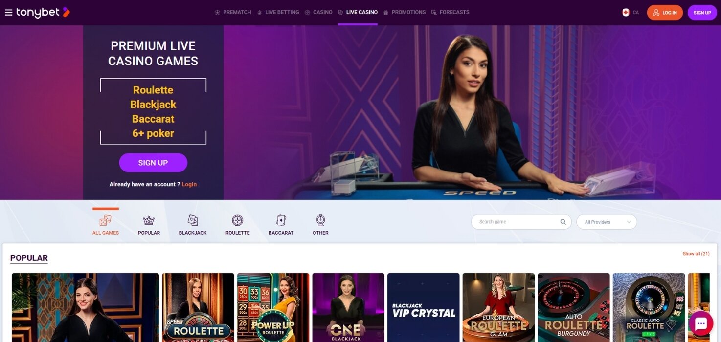 TonyBet live casino lobby.