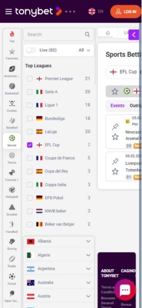 TonyBet mobile sports lobby