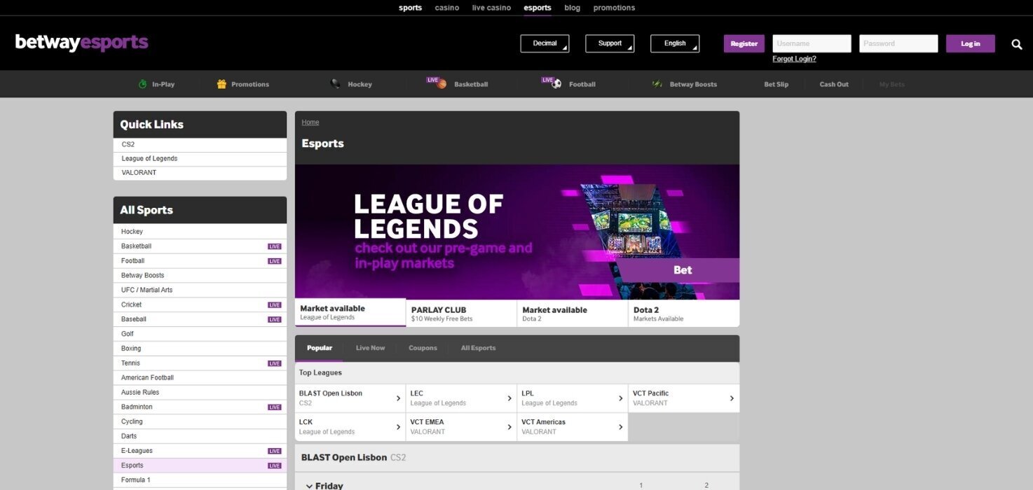 Betway esports interface on desktop