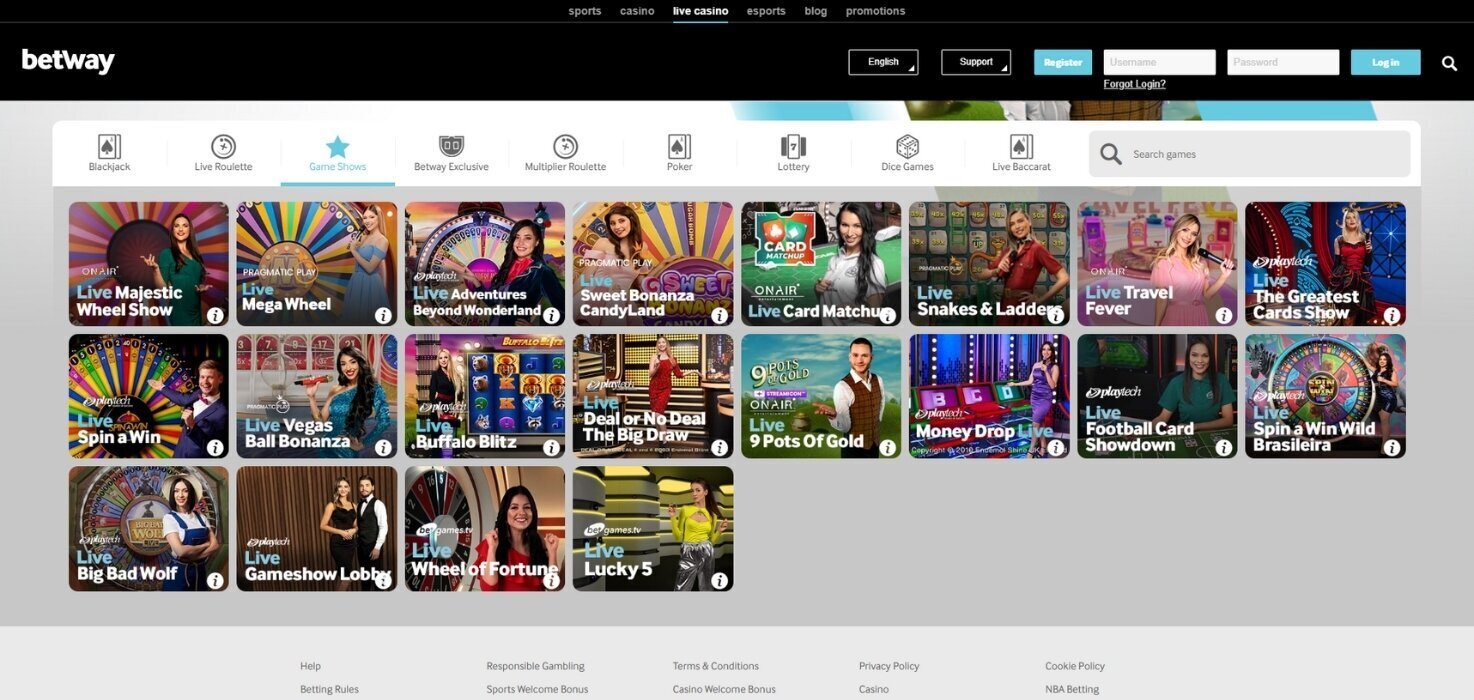 Betway live dealer casino interface on desktop showing the gameshow lobby.