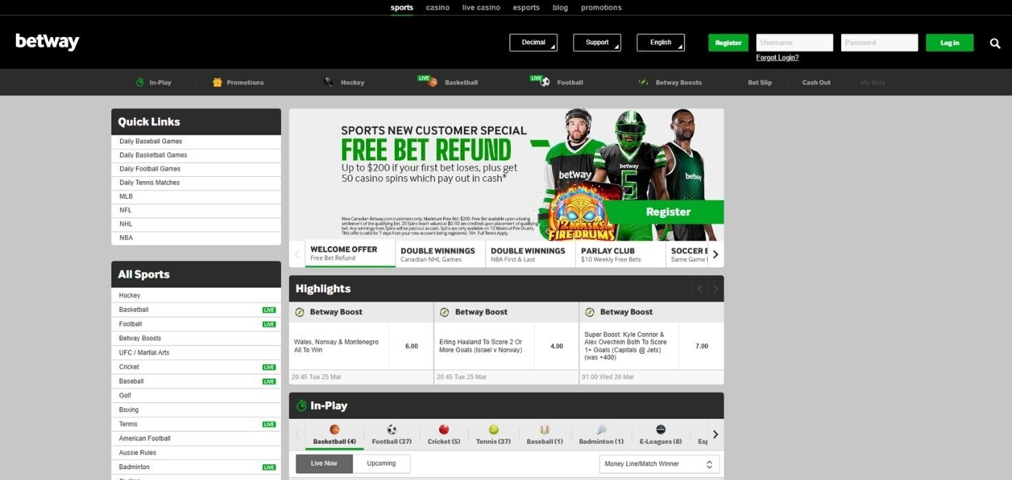 Betway sportsbook interface on desktop