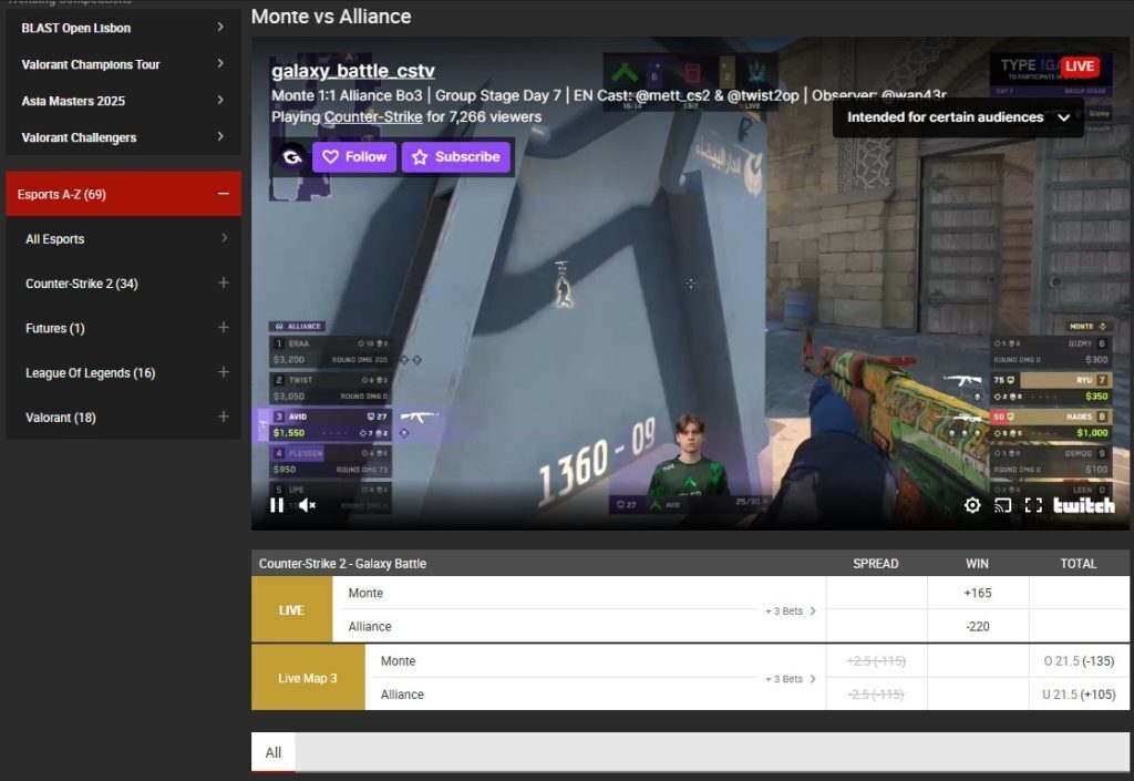 Bodog esports section showing a livestream of Counter-Strike 2.