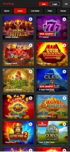 Bodog mobile casino interface