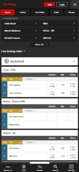 Bodog mobile sportsbook interface
