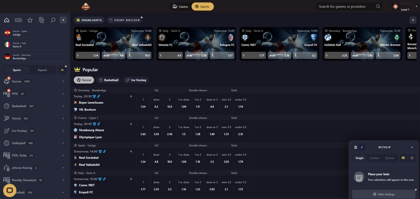 Lucki Casino sportsbook interface.