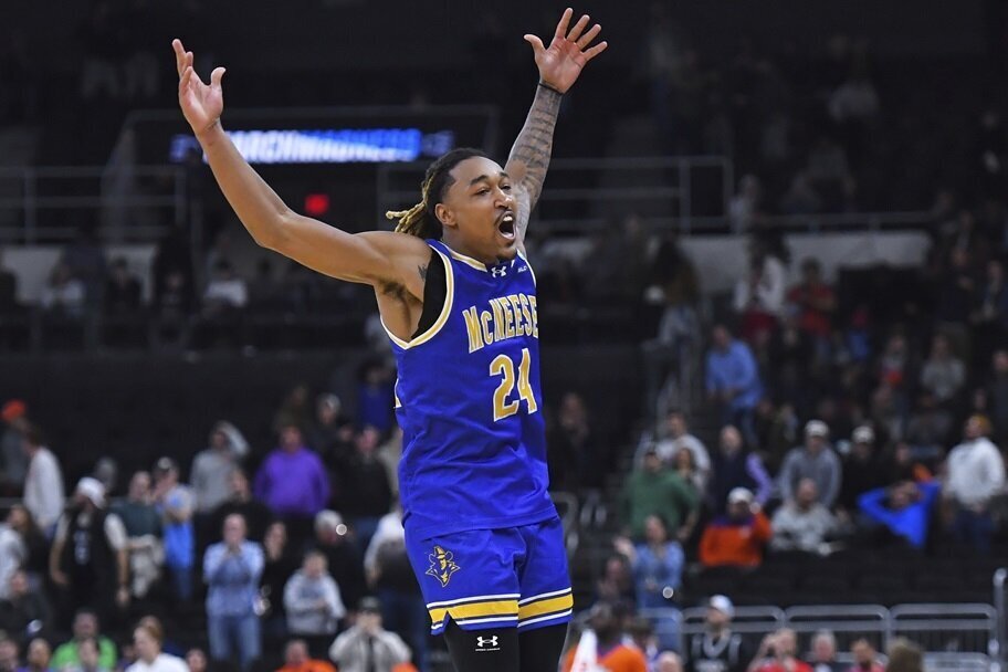 McNeese State's Christian Shumate gestures to the crowd in their win over Clemson.
