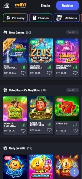 mbitCasino Mobile Homepage