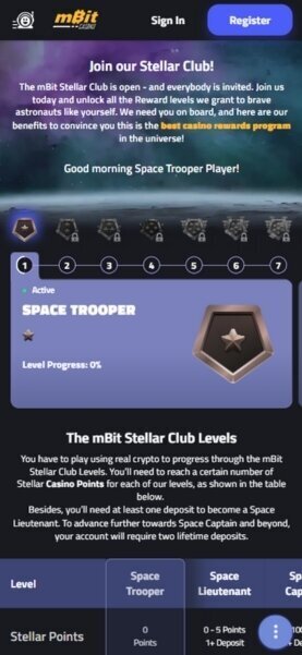 mbitCasino mobile rewards page.