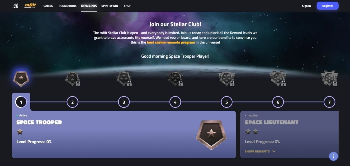 mbitCasino rewards page