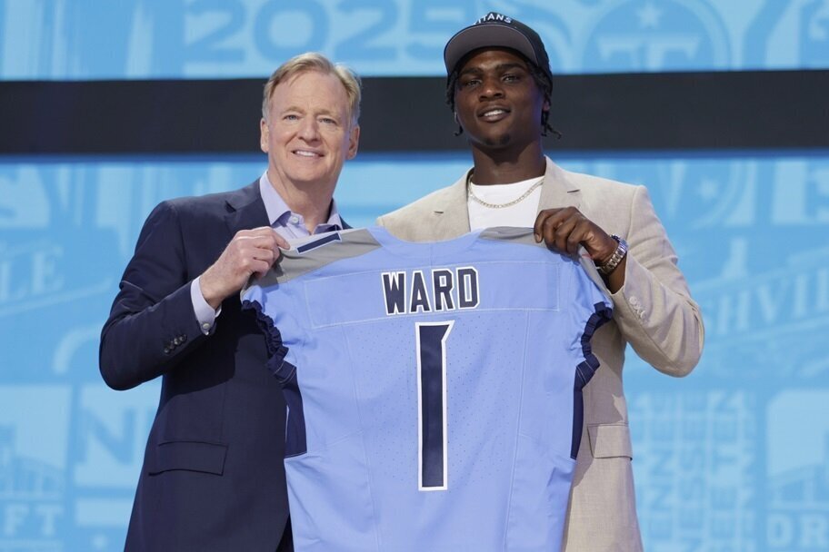 Cam Ward poses with Roger Goodell after going first in the NFL Draft to Tennessee.