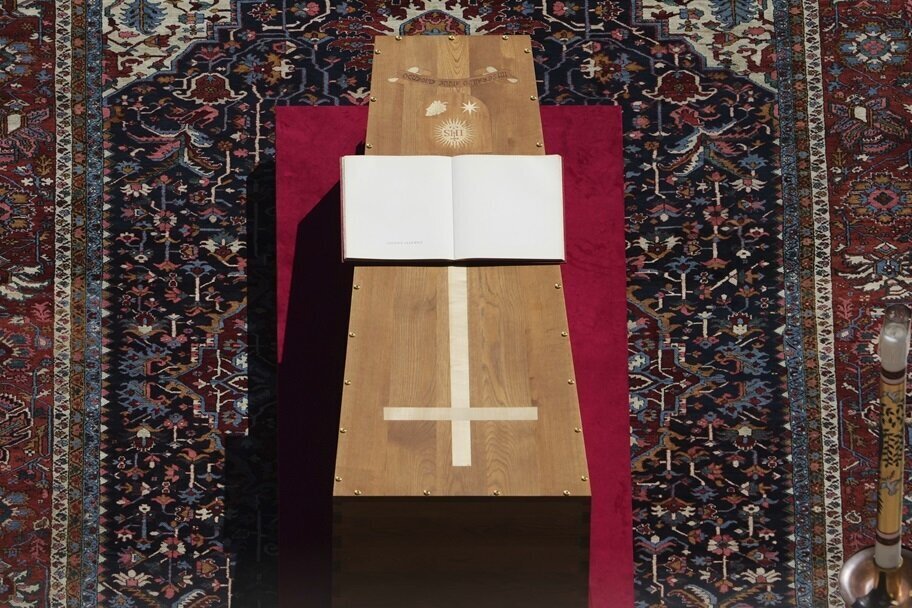 The book of the Gospels is laid on Pope Francis' casket.