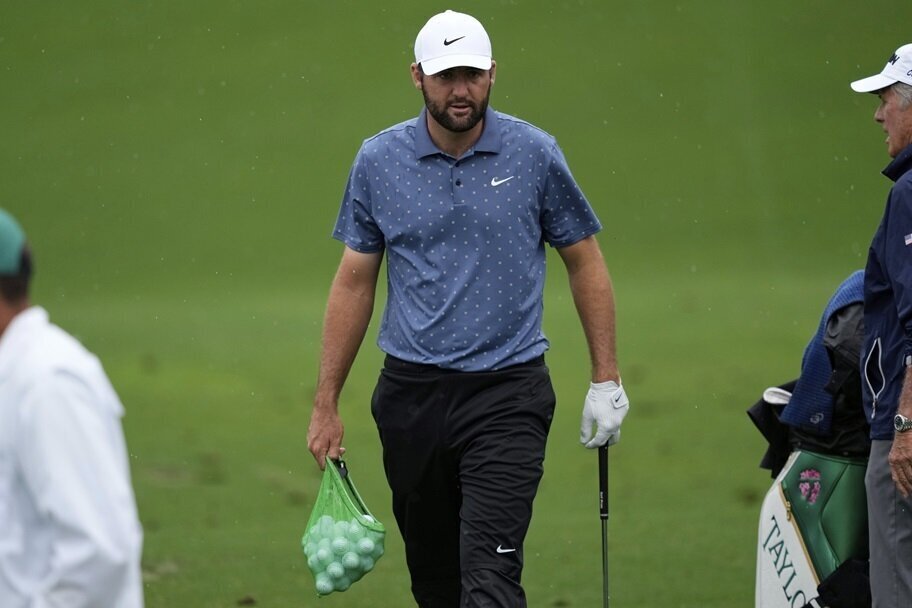 Scottie Scheffler participates in a practice round at Augusta National for the Masters.