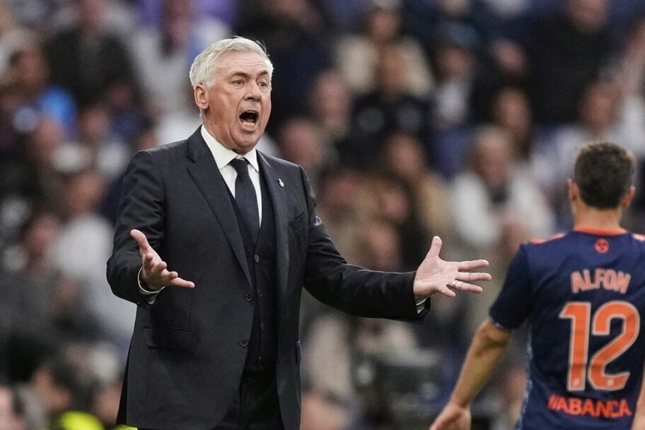 Carlo Ancelotti reacts on the sidelines for Real Madrid