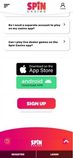 Spin Casino page with Android APK button and App Store link