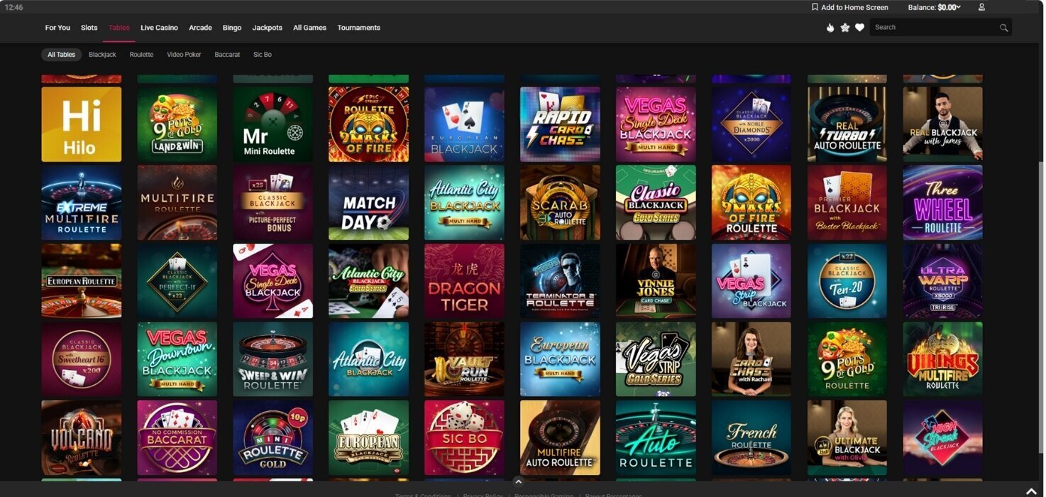 Spin Casino’s casino games lobby showing the slot and table categories.