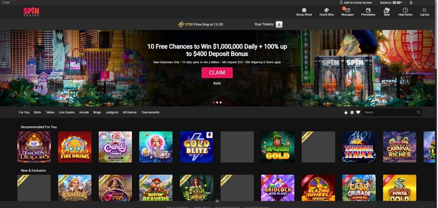 Spin Casino’s homepage showing the main navigation tabs.