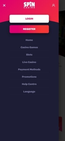Spin Casino mobile nevigation menu.