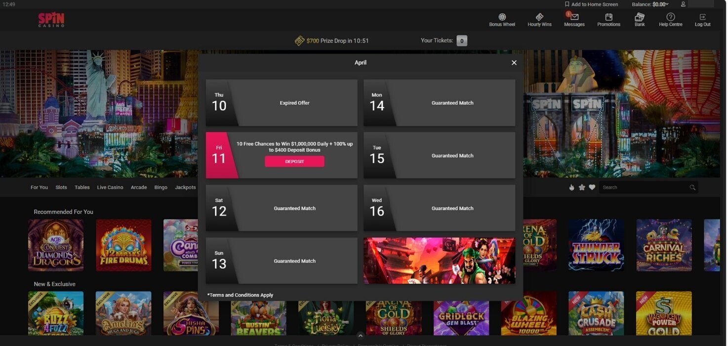 Spin Casino’s promotions section with welcome bonus display.