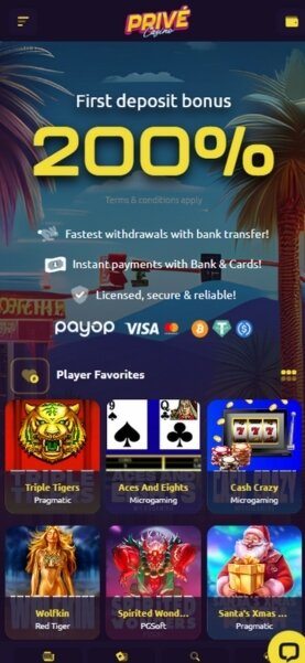 PriveCasino Mobile Homepage