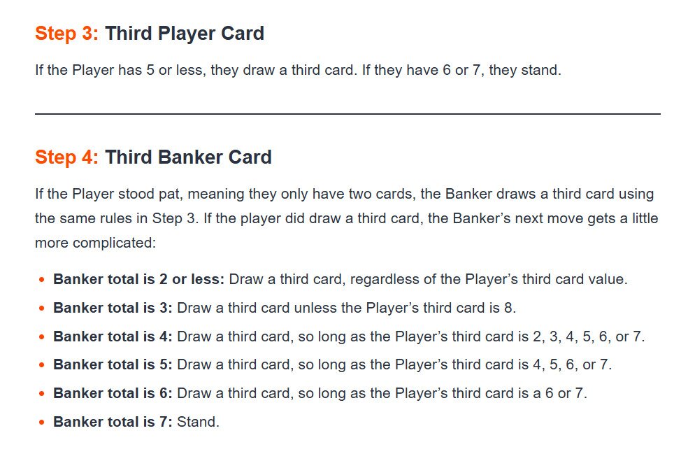 Rules for player vs. banker baccarat bets