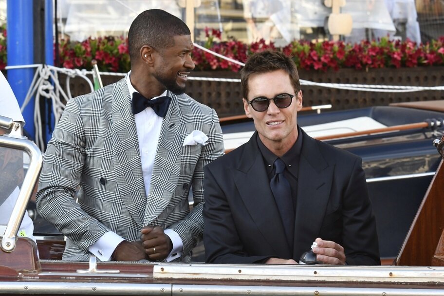 Tom Brady and Usher leave for Jeff Bezos' wedding.