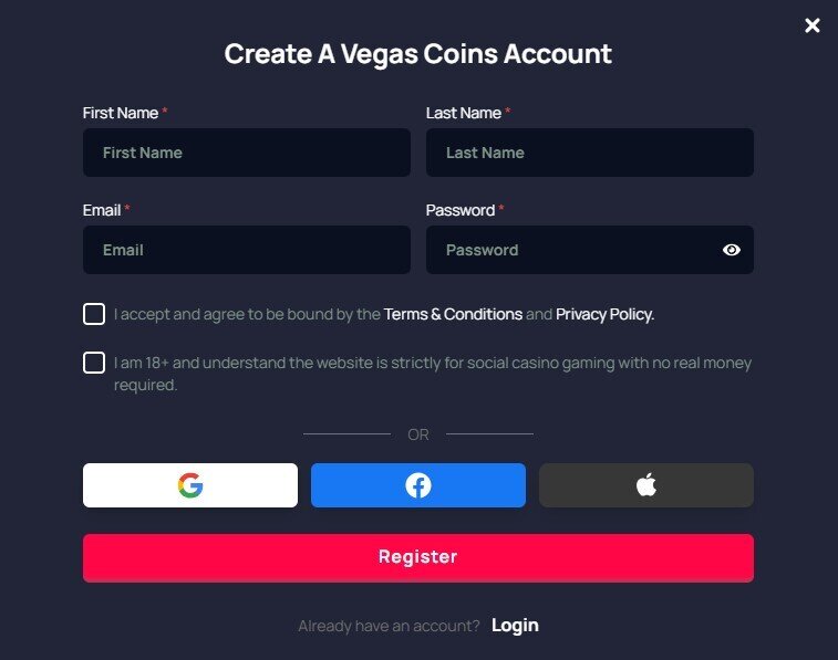 Vegas Coins Registration Form