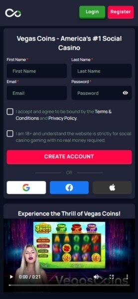 Vegas Coins Mobile Homepage