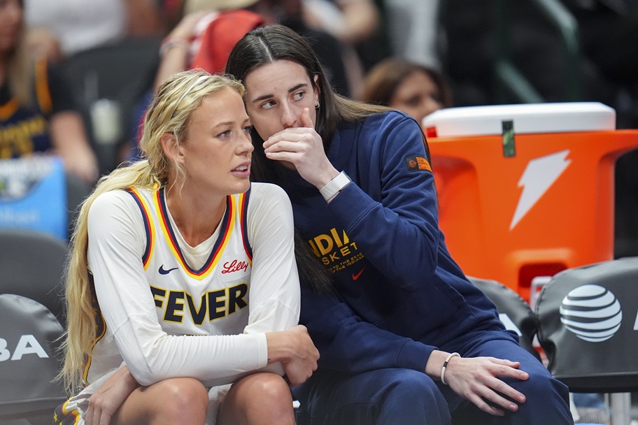 Caitlin Clark and Sophie Cunningham during an Indiana Fever game.