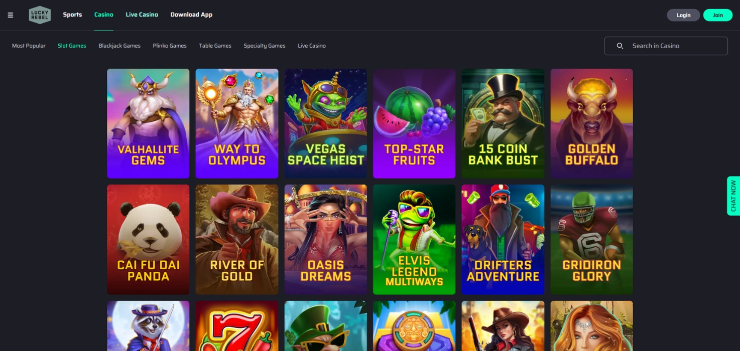 Lucky Rebel Casino slot game selection.