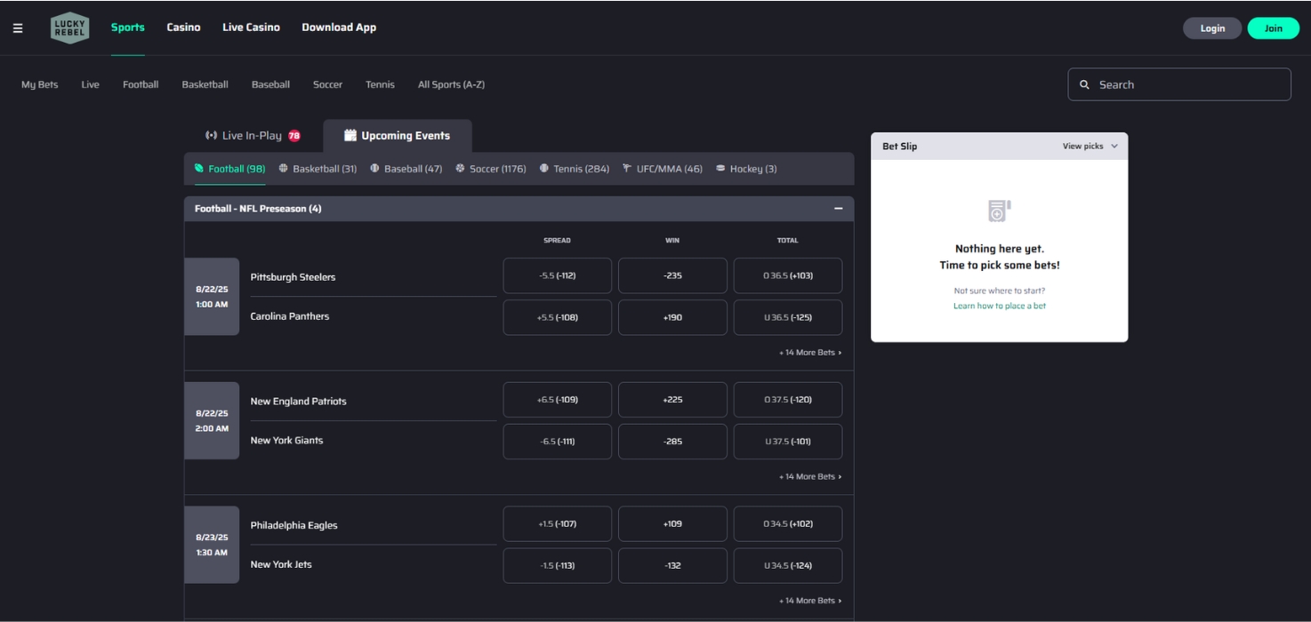 Desktop screenshot of Lucky Rebel sportsbook interface with NFL odds and lines.