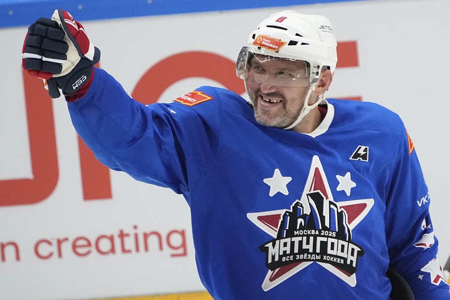 Alexander Ovechkin salutes the crowd during an exhibition game.
