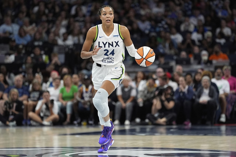 Napheesa Collier of the Minnesota Lynx dribbles up the court.