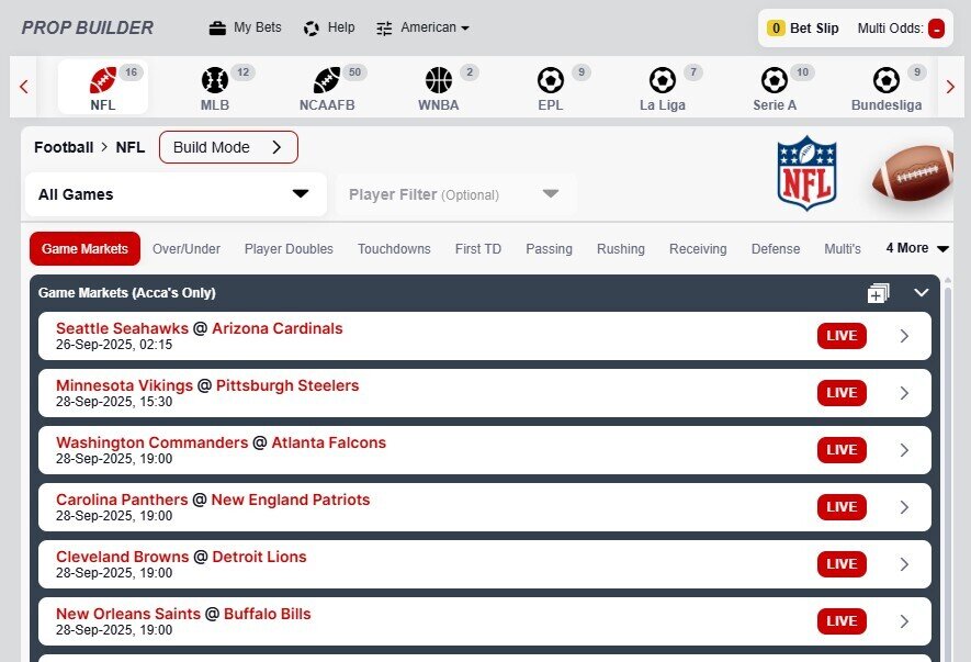 Prop builder menu options for NFL.