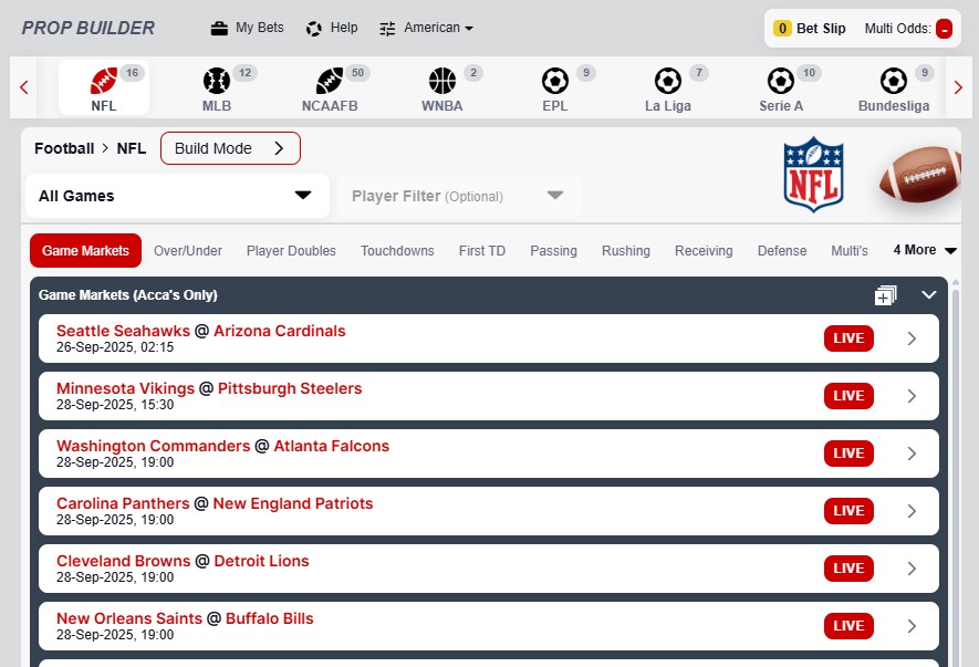 Prop builder menu options for NFL.
