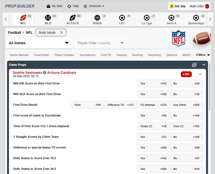 NFL prop builder options for Seahawks vs. Cardinals