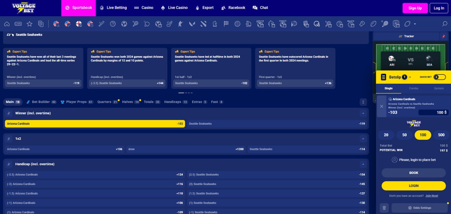 Voltage Bet Sportsbook Interface