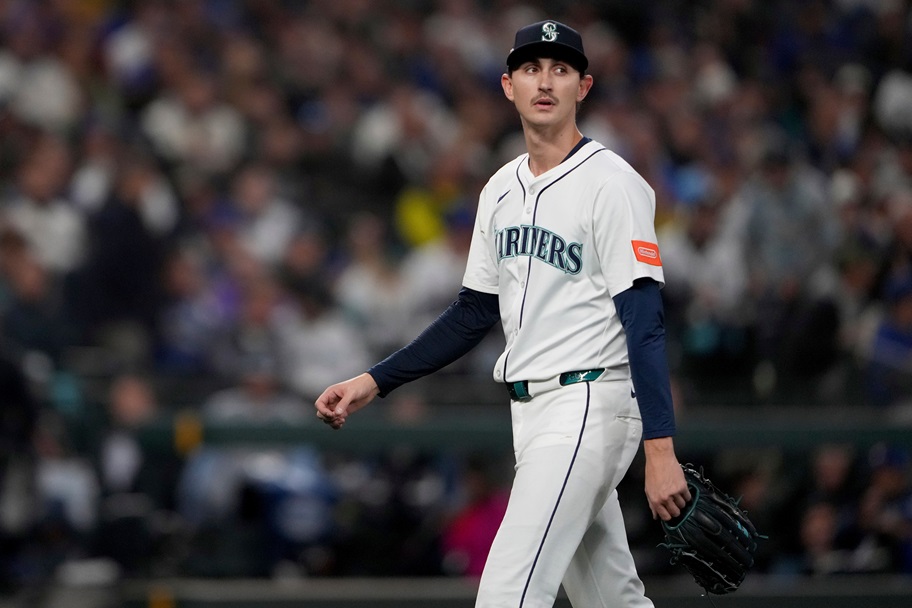 Geprge Kirby of the Seattle Mariners walks off the mound.