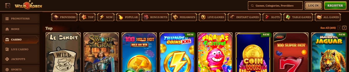 Wild Robin banner showing casino games