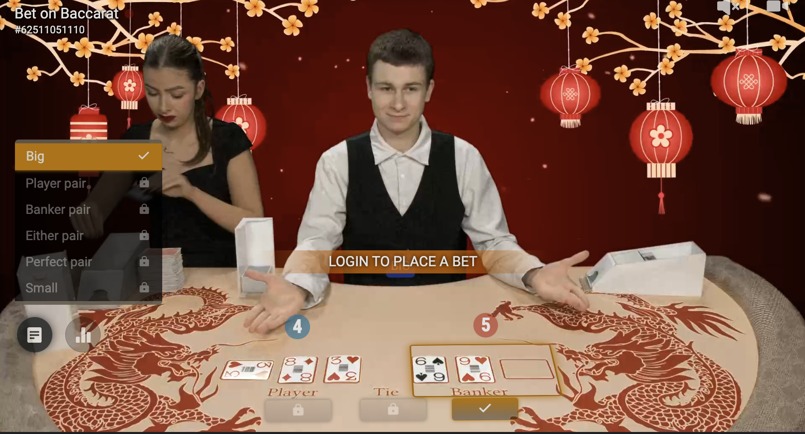 Screenshot of a live dealer baccarat game at Lucky Rebel.