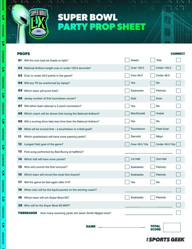 Free Super Bowl Prop Bet Sheet for 2026 (Printable)