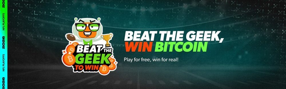 Beat the Geek header image inviting users to play for free and win bitcoin