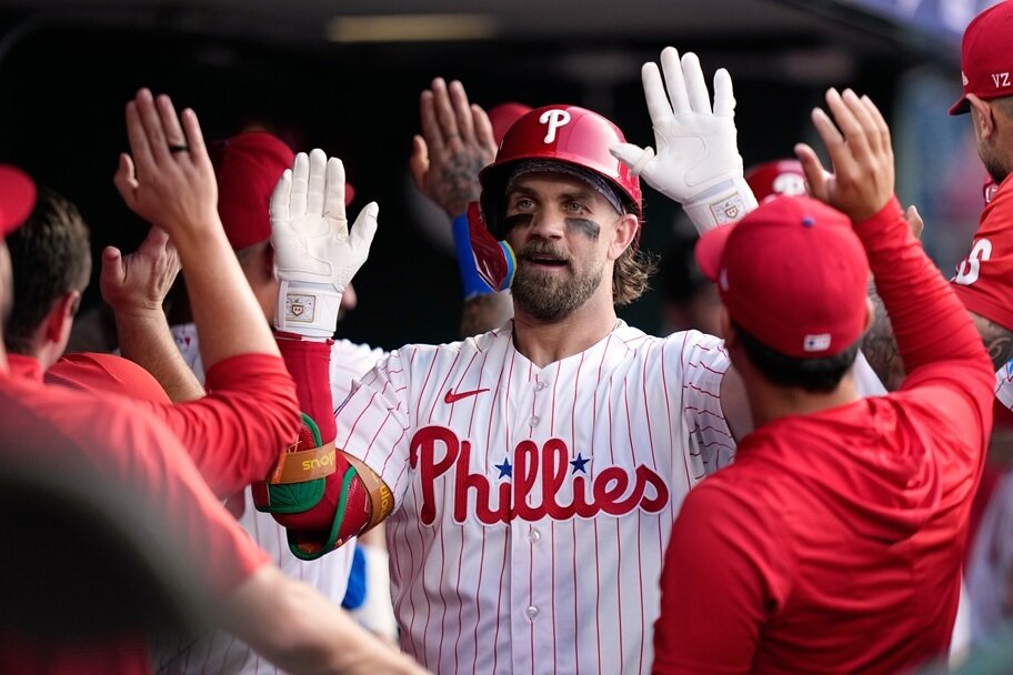 Bryce Harper celebrates with his teammates