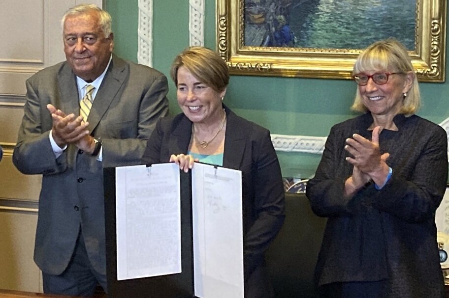 Gov. Maura Healey signs the Massachusetts Budget, which allows for online products.