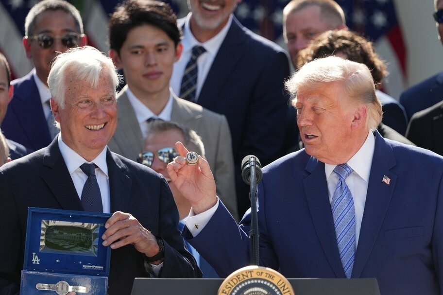 Donald Trump gets a World Series ring from Dodgers owner Mark Walter.