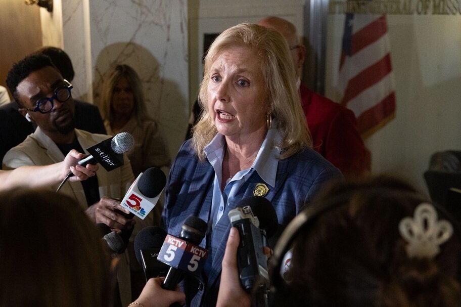 Missouri Attorney General Caterhine Hanaway speaks to the press.