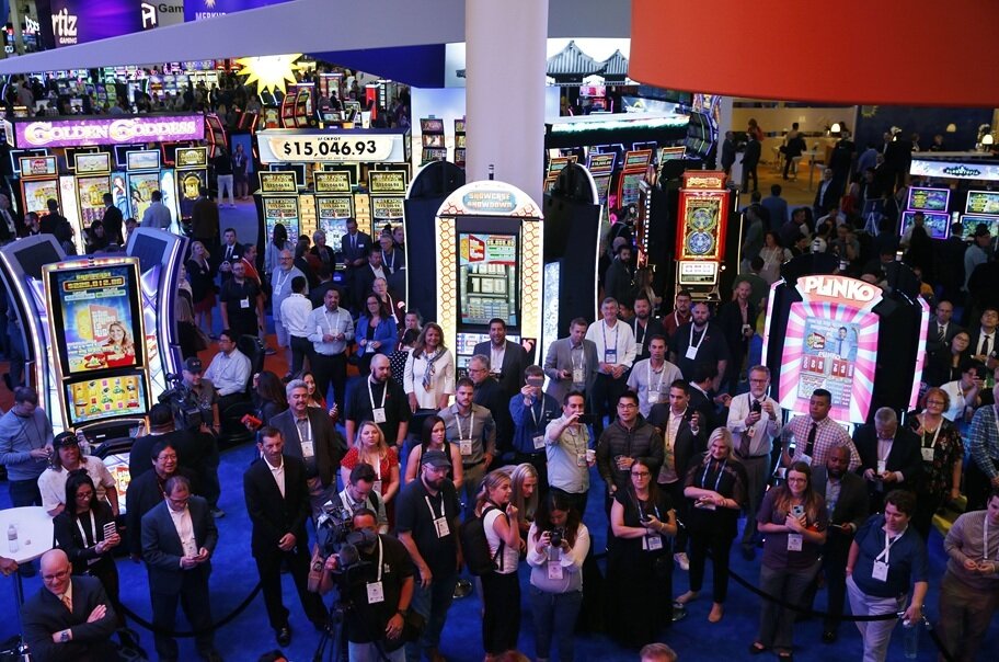 Attendees stand at the Global Gaming Expo.